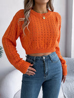 Sarah Express Women's Cutout Back Openwork Round Neck Long Sleeve Sweater Orange