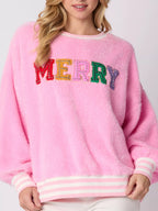 Sarah Express Women's Rhinestone Merry Christmas Round Neck Sweatshirt Pink