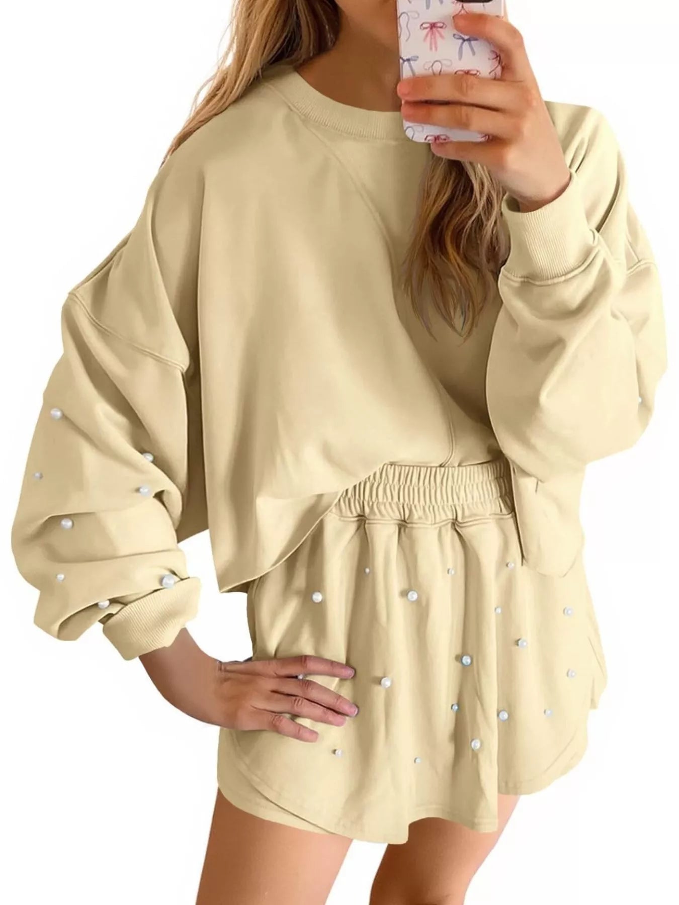 Sarah Express Women's Pearl Embellished Round Neck Top and Skort Set Khaki