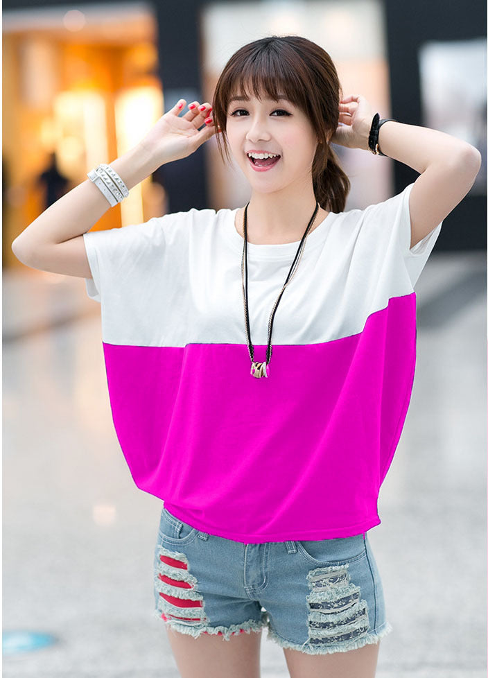 Women's Color Block Batwing Sleeve Top Short Sleeve Casual Loose Fit Shirt