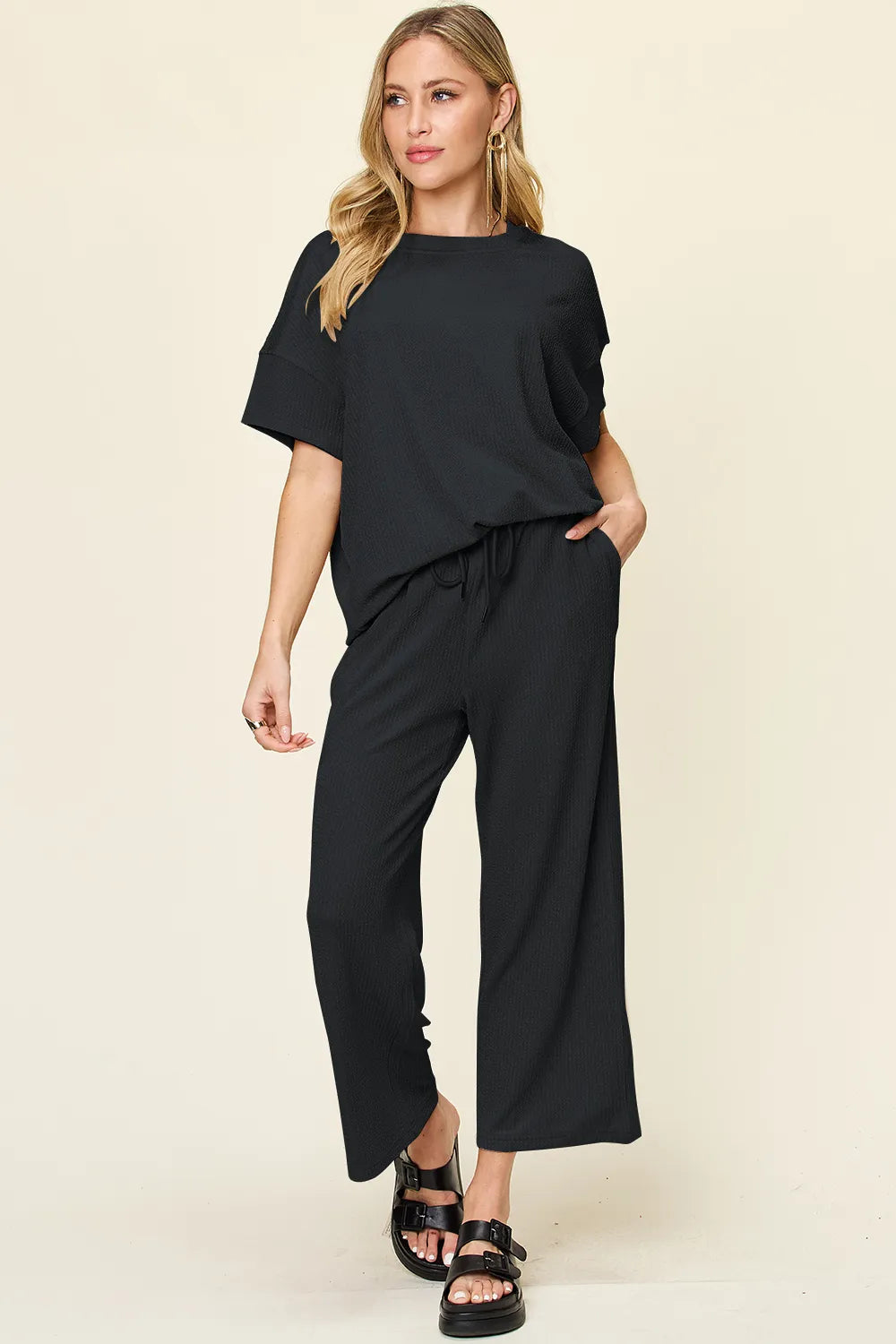 Sarah Express Women's Textured Round Neck T-Shirt and Wide Leg Pants Set Black