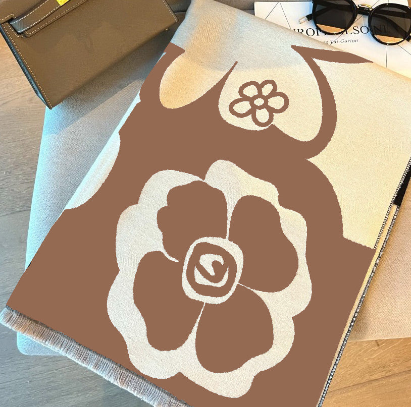 Women's Camellia Jacquard Scarf Imitation Cashmere Black Beige Elegant Winter Wrap