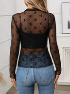 Sarah Express Women's Floral Mock Neck Long Sleeve Mesh Top