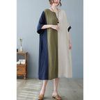 Women's Cotton Linen Contrast Paneled Dress Loose Fit Half Sleeve Midi Literary Style