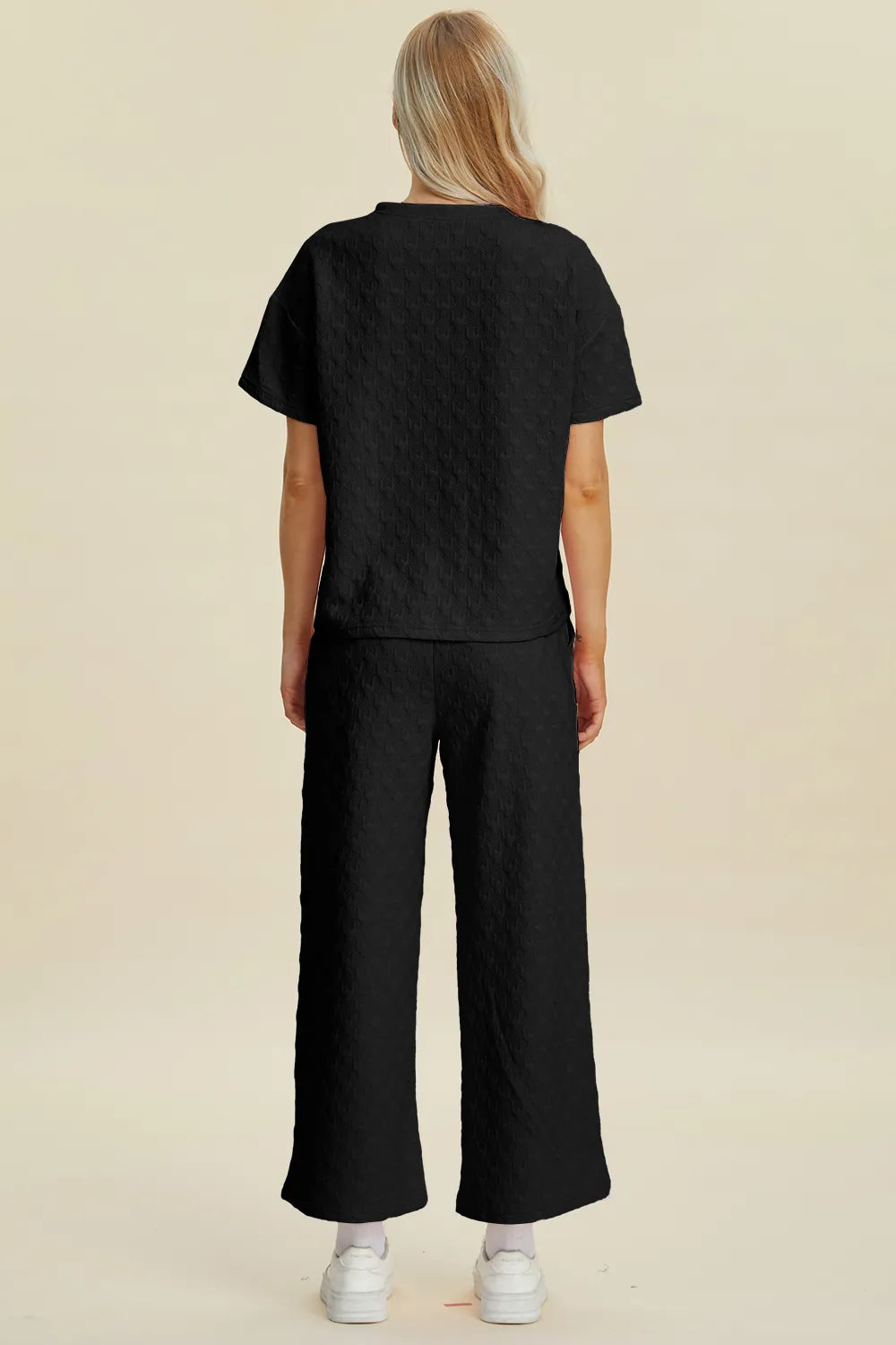 Sarah Express Women's Textured Round Neck Short Sleeve Top and Pants Set