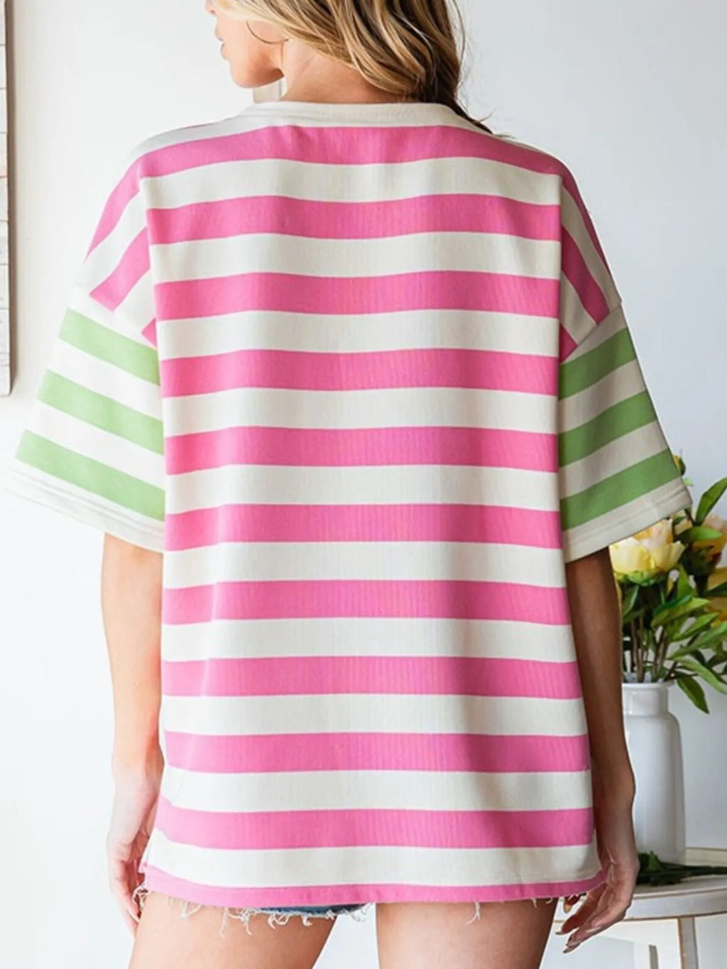 Sarah Express Women's Striped Oversized Short Sleeve T-Shirt with Pocket