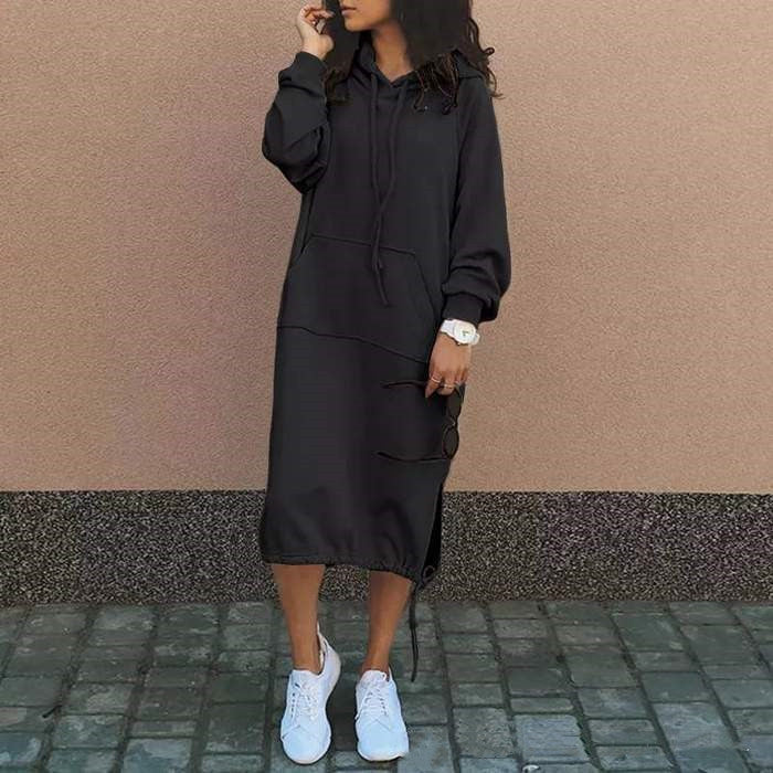 Women's Hooded Sweatshirt Dress Long Sleeve Midi Casual Pockets