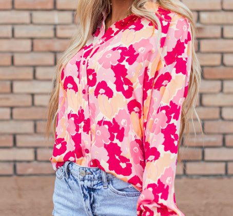 Women's Floral Print Puff Sleeve Button-Down Shirt Polyester Pink