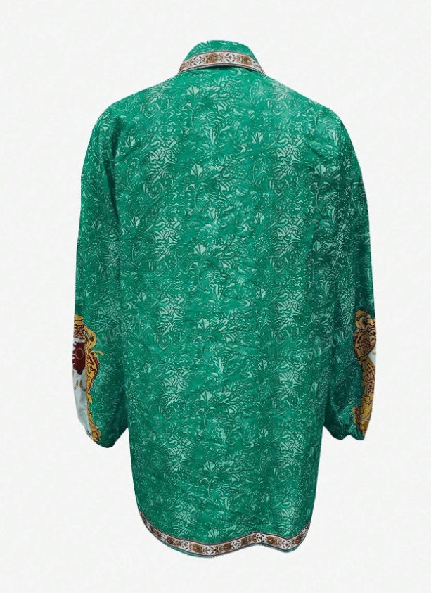 Women's Boho Geometric Print Button Front Shirt Dress with Asymmetrical Hem