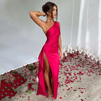 One Shoulder Backless Slit Satin Maxi Dress Women's Evening Party