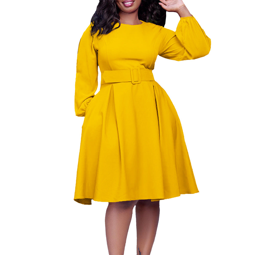 Women's Long Sleeve Belted Swing Dress - Elegant High Waist Mid-Length Dress