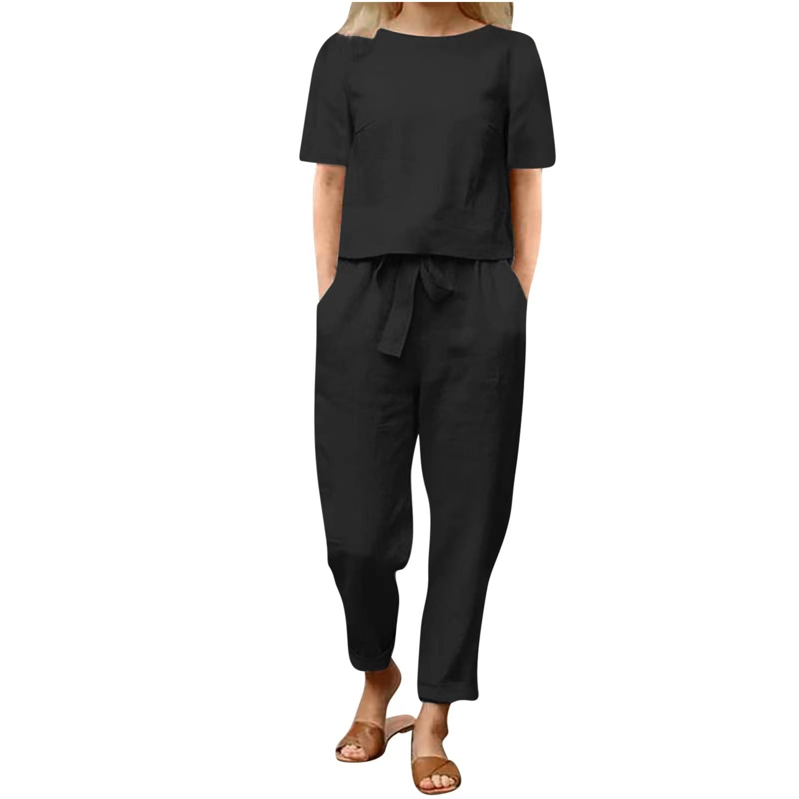 Women's Cotton Linen Top and Wide-Leg Pants Two-Piece Casual Set