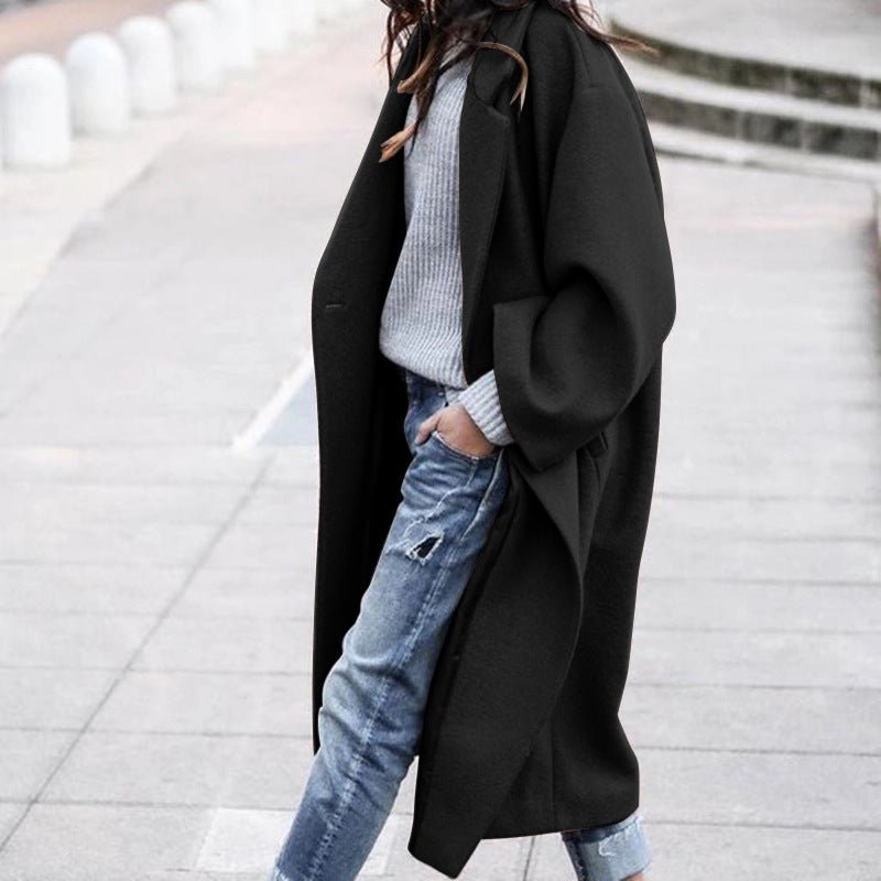 Women's Single Breasted Woolen Lapel Coat with Pockets Long Winter Jacket