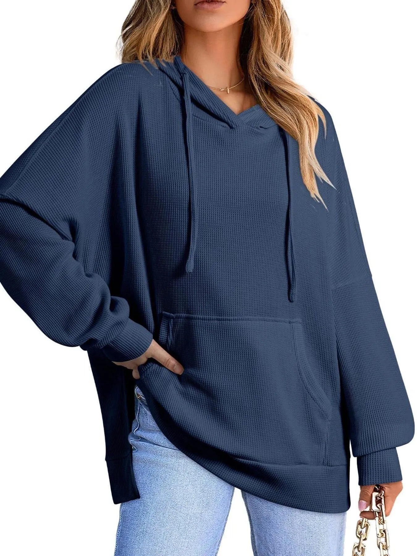 Sarah Express Women's Slit Drawstring Waffle Knit Hoodie Navy Blue
