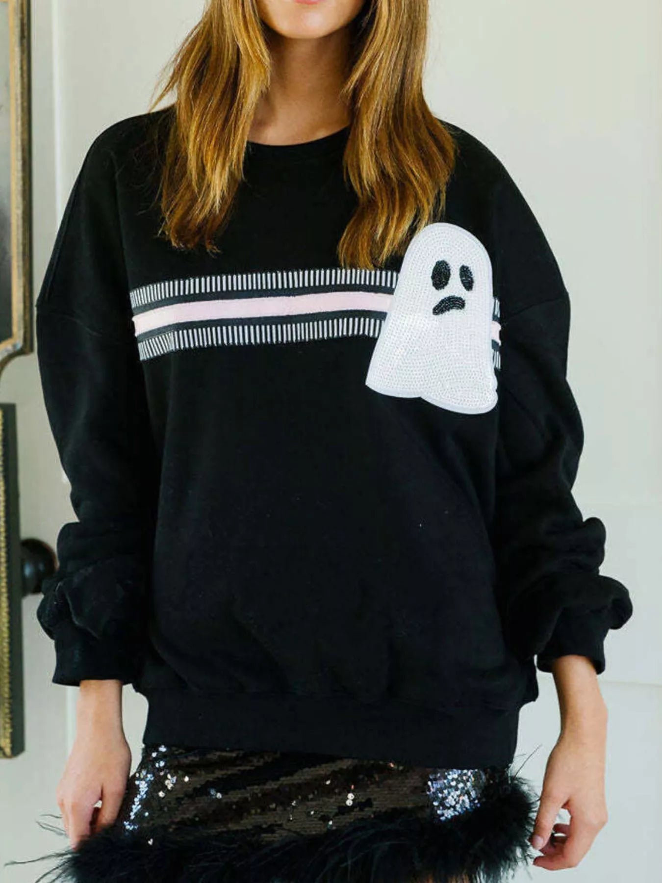 Sarah Express Women's Halloween Sequin Round Neck Sweatshirt Black Ghost Strip