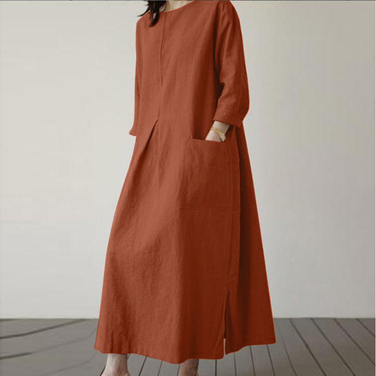 Women's Autumn Solid Color Elegant Cotton Dress Long Sleeve Wide Waist Basic Maxi Dress