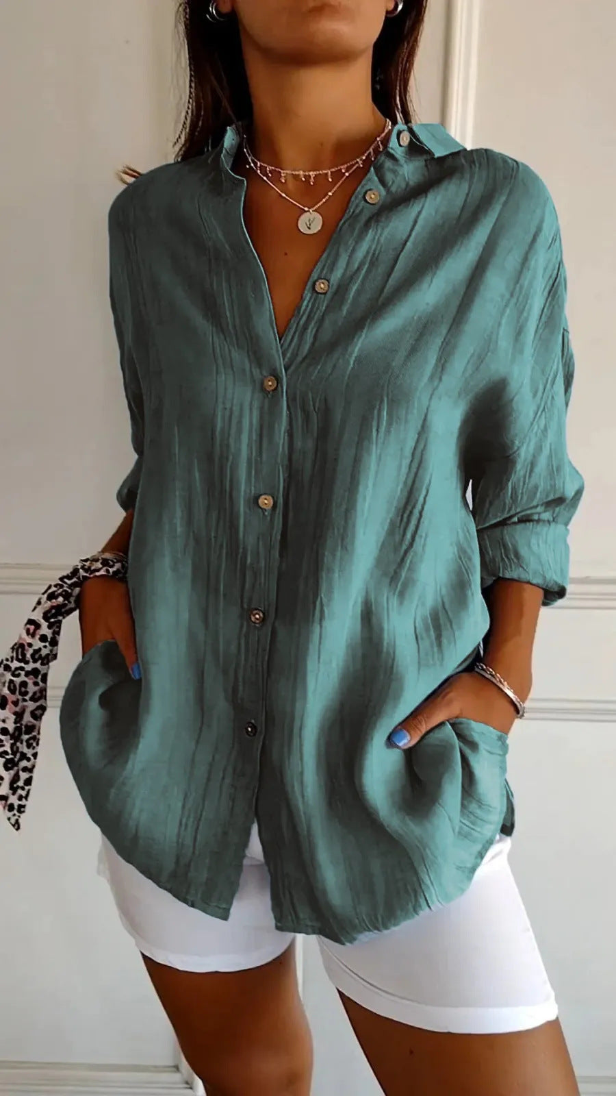 Women's Lapel Long Sleeve Pleated Button Front Shirt Blouse