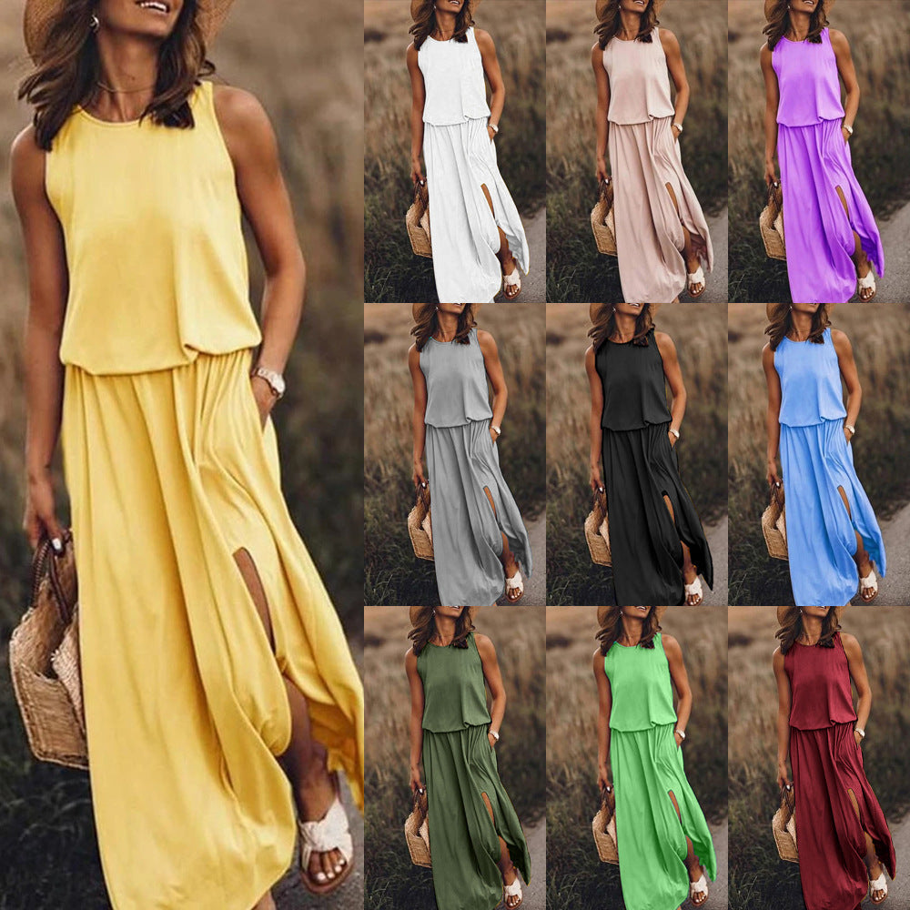 Women's Sleeveless Round Neck Dress with Side Split Solid Color