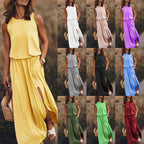 Women's Sleeveless Round Neck Dress with Side Split Solid Color