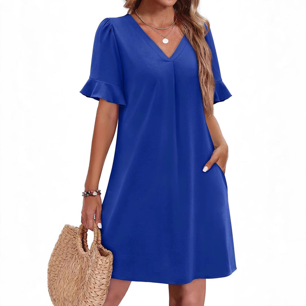 Women's V-Neck Ruffled A-Line Dress with Pockets Vacation Casual Short Sleeve