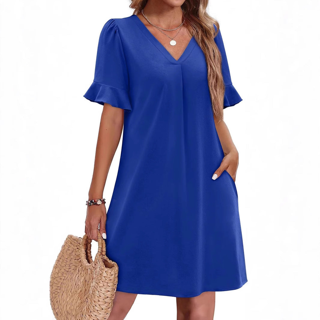 Women's V-Neck Ruffled A-Line Dress with Pockets Vacation Casual Short Sleeve