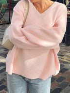 Sarah Express Women's V-Neck Long Sleeve Sweater - Oversized Ribbed Knit Pullover