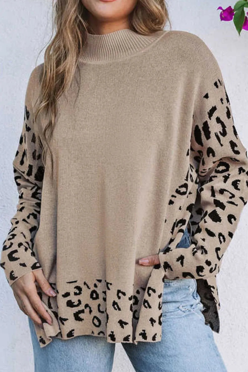 Sarah Express Women's Leopard Print Mock Neck Dropped Shoulder Sweater Khaki