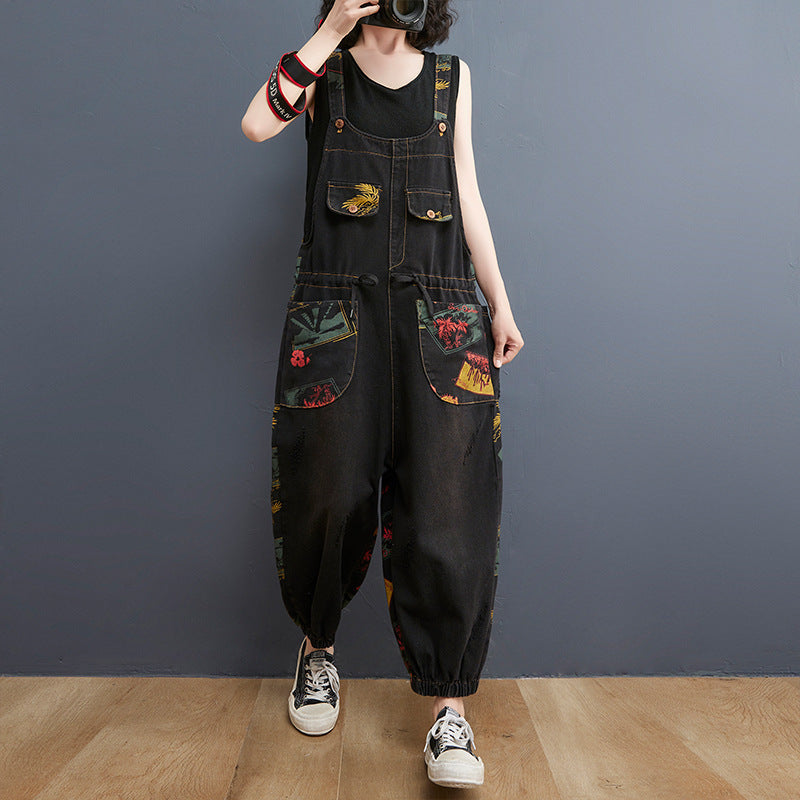 Floral Print Denim Overalls Plus Size Suspender Jeans Cropped