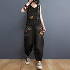 Floral Print Denim Overalls Plus Size Suspender Jeans Cropped