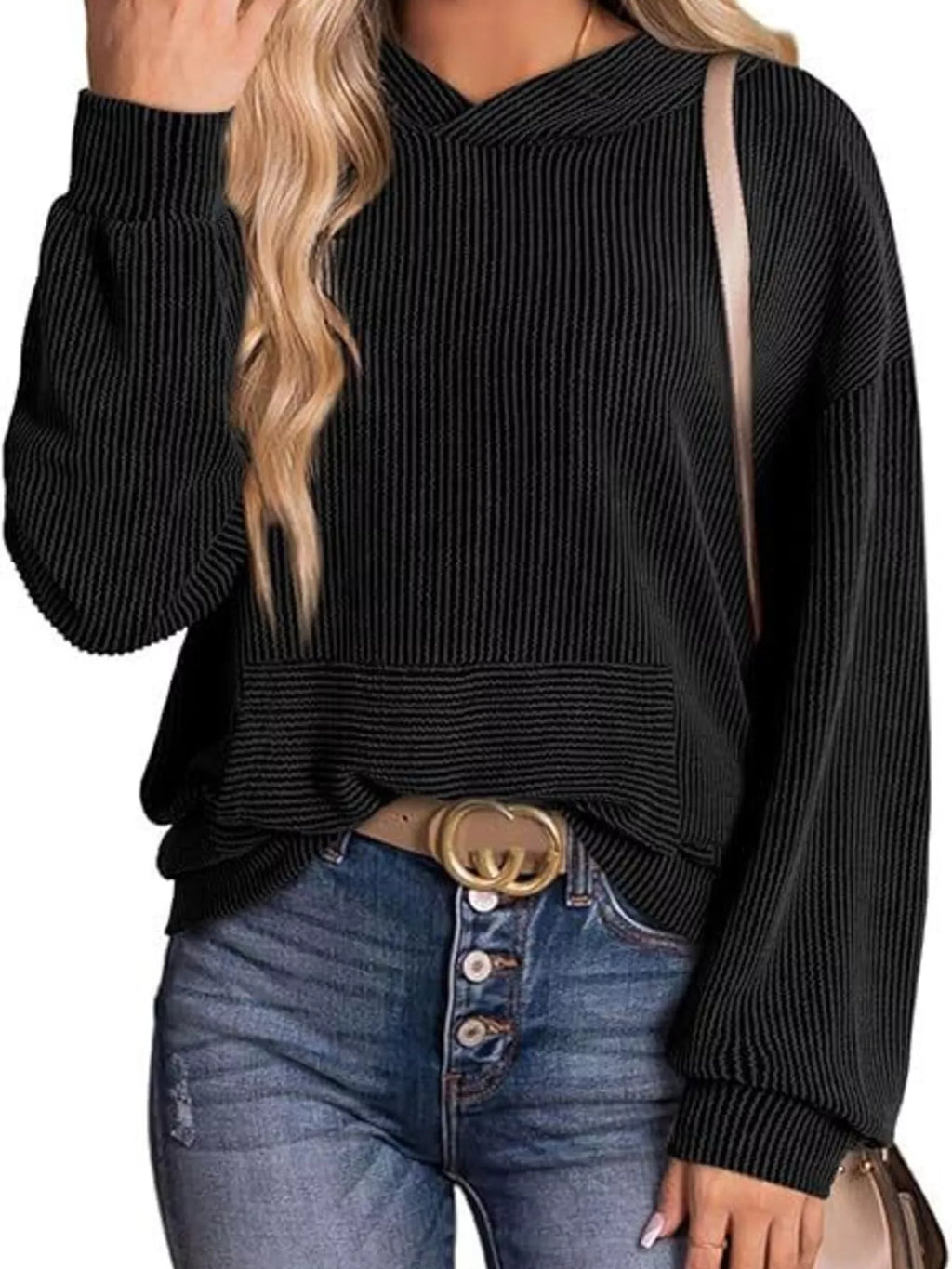 Sarah Express Women's Ribbed Oversized Hoodie Sweatshirt with Pocket