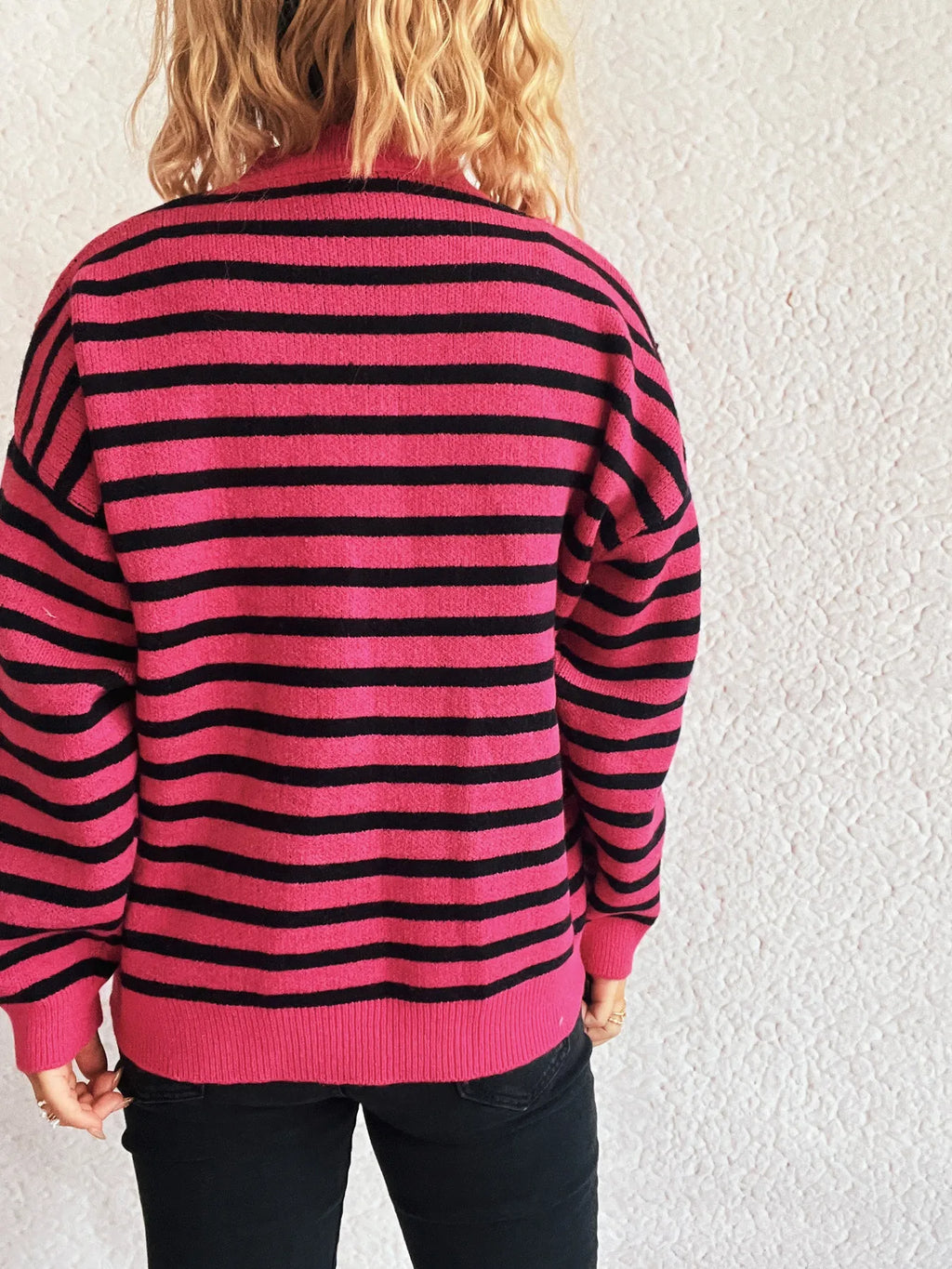 Sarah Express Women's Striped Mock Neck Long Sleeve Sweater - Oversized Ribbed Knit Top