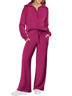 Women's Long Sleeve Zipper Sweatshirt and Wide-Leg Pants Athleisure Set