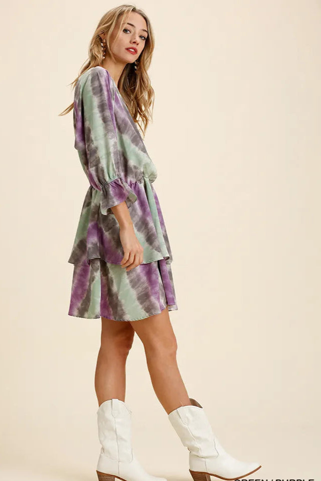 Sarah Express women’s tie-dye layered dress with a comfortable elastic waistband and feminine ruffle details.