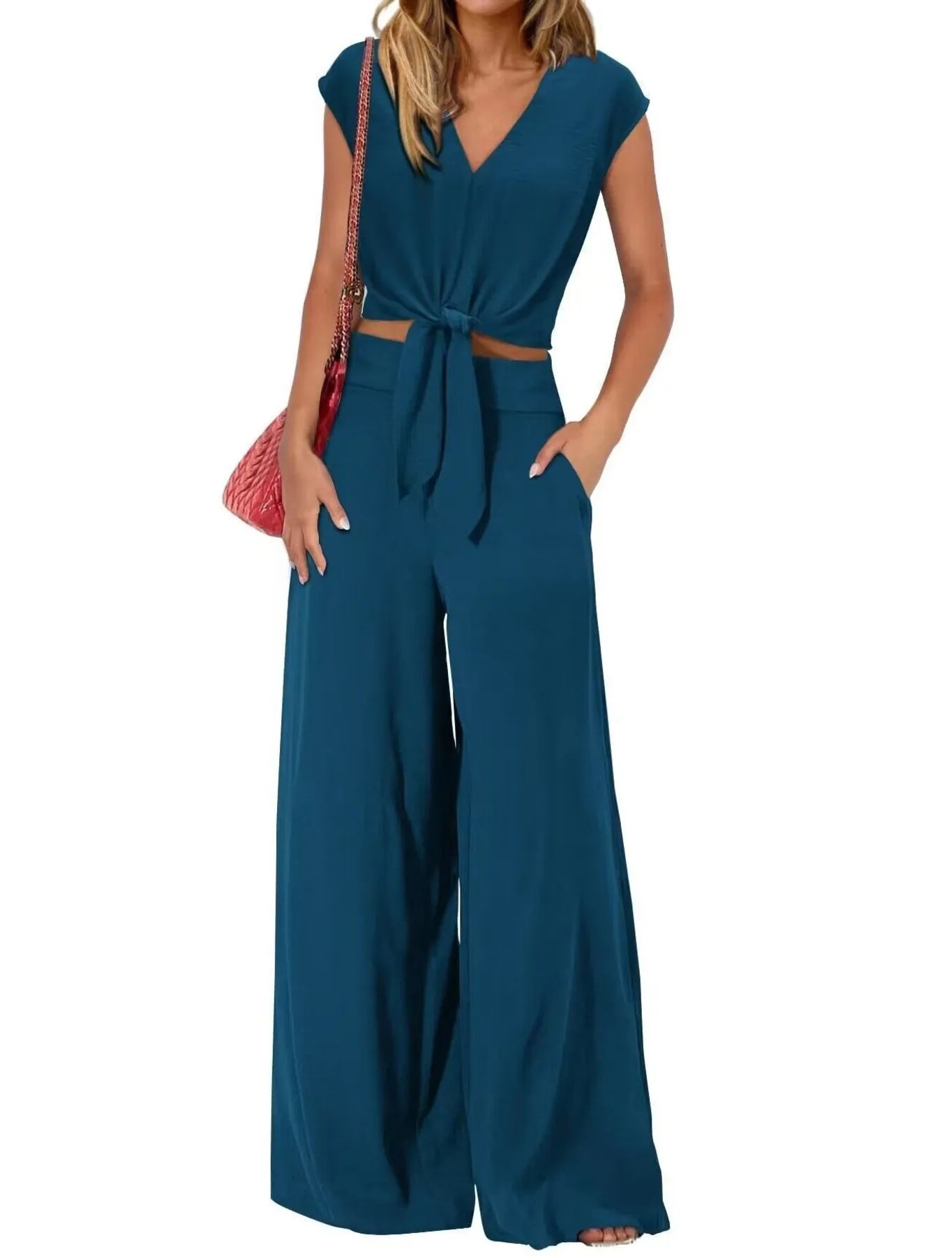 Sarah Express Women's Tie Front Top and Wide Leg Pants Set