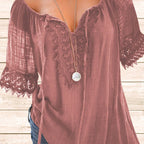 Women's Boho Lace Trim V-Neck Casual Shirt