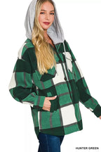 Sarah Express Women's Plaid Drawstring Hooded Fleece Shacket