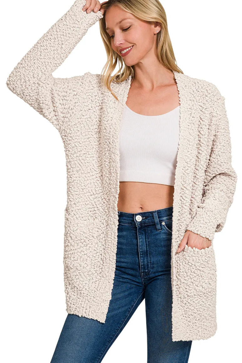 Long Sleeve Popcorn Sweater Cardigan with Pockets