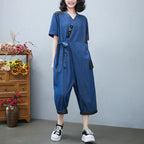 Drawstring Denim-Style Jumpsuit Wide Leg Cropped One Size