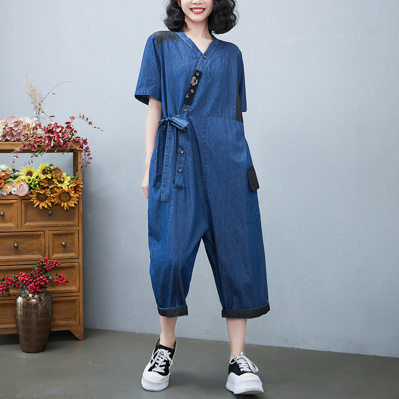 Drawstring Denim-Style Jumpsuit Wide Leg Cropped One Size