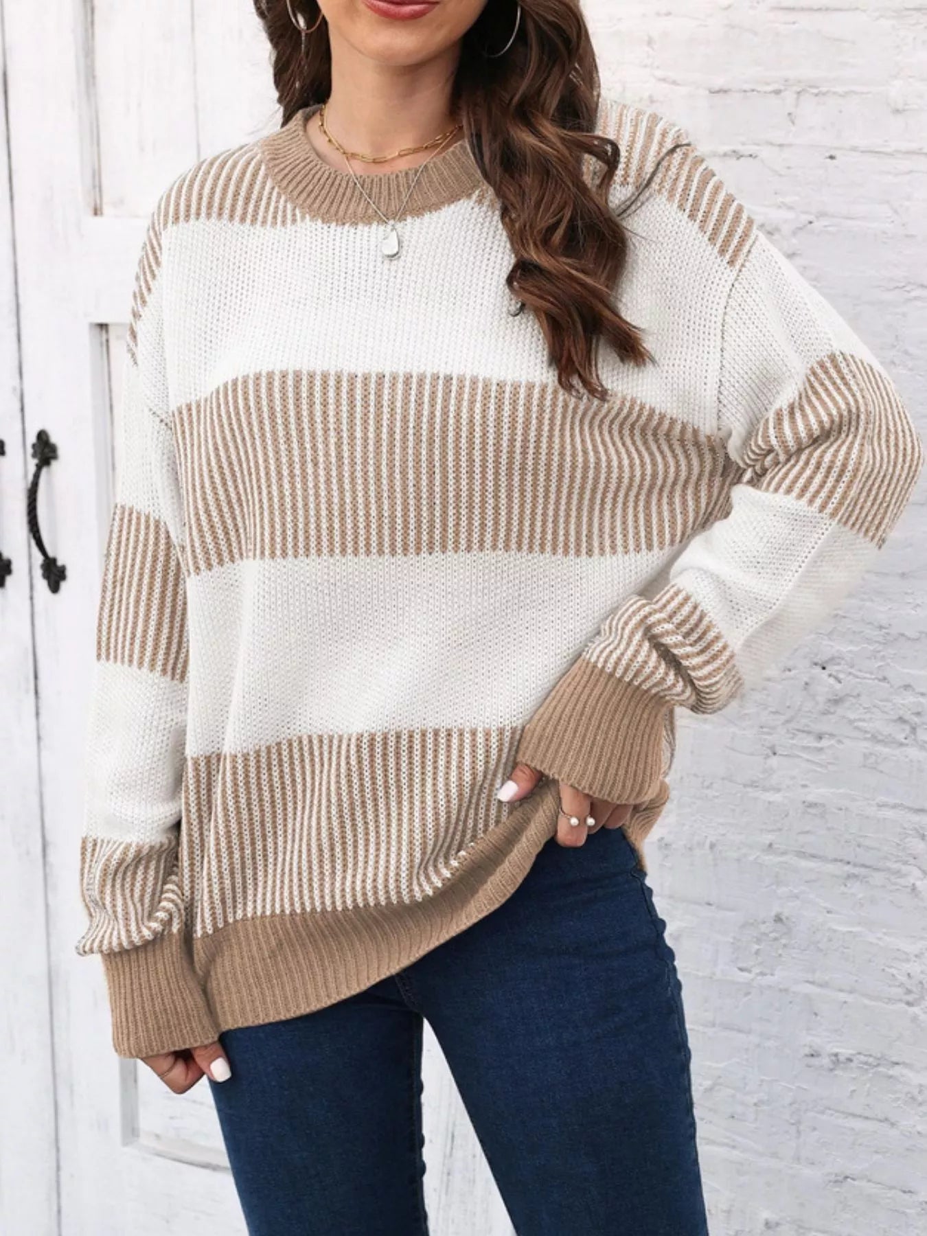 Sarah Express Women's Color Block Dropped Shoulder Sweater Plus Size Tan