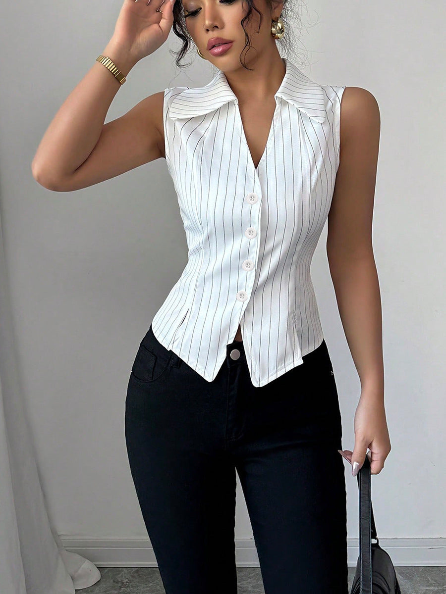 Striped Sleeveless Button-Down Blouse Slim Fit