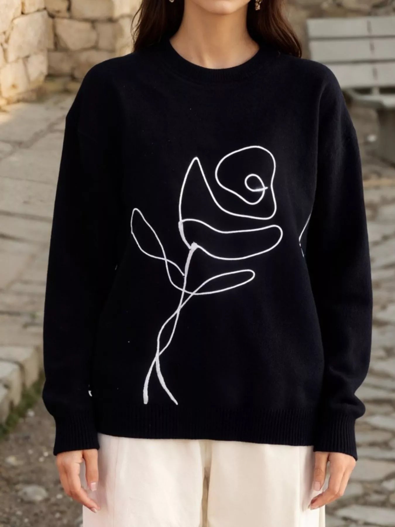 Sarah Express Women's Flower Round Neck Dropped Shoulder Sweater