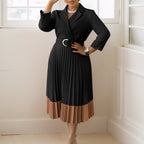 Women's Suit Collar Pleated A-Line Dress with Belt