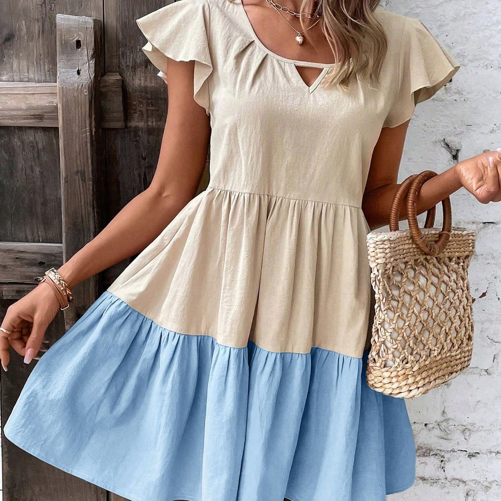 Women's Colorblock Smock Dress Keyhole Neckline Ruffle Hem Short Sleeve A-Line