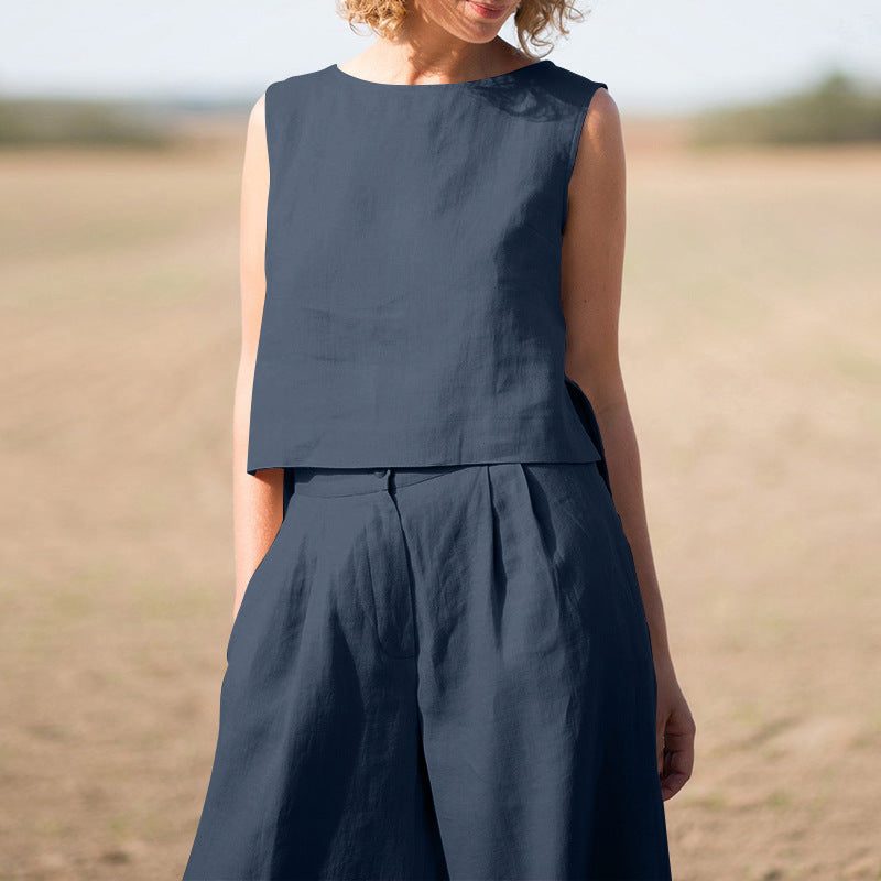 Cotton Linen Loose Two-Piece Set Top and Pants