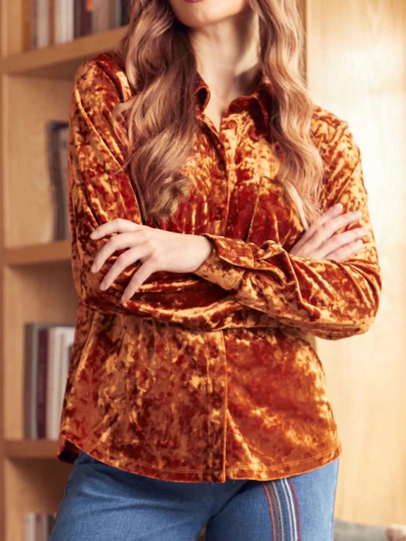 Sarah Express Women's Velvet Button-Down Long Sleeve Shirt Orange