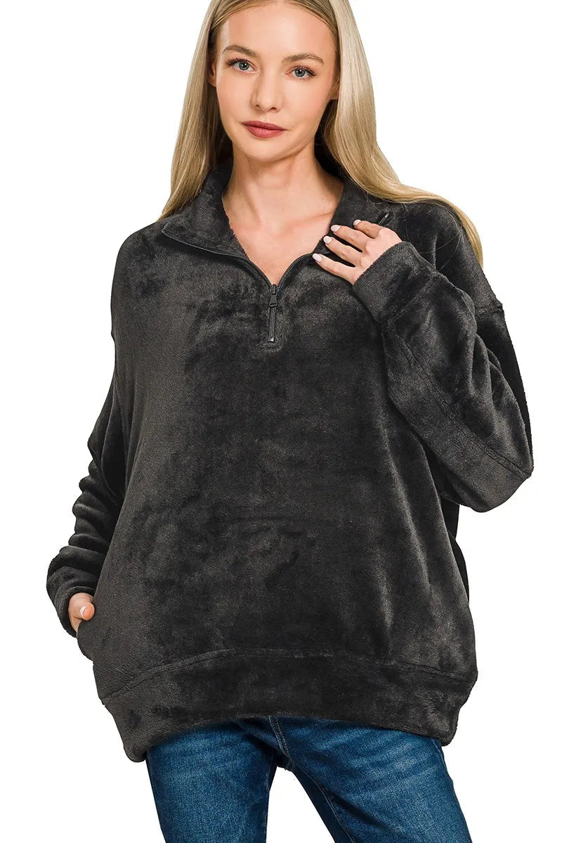 Sarah Express Women's Faux Fur Half Zip Pullover - Oversized Pocketed for Fall & Winter