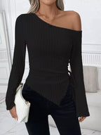 Sarah Express Women's Ribbed One Shoulder Asymmetrical Hem T-Shirt