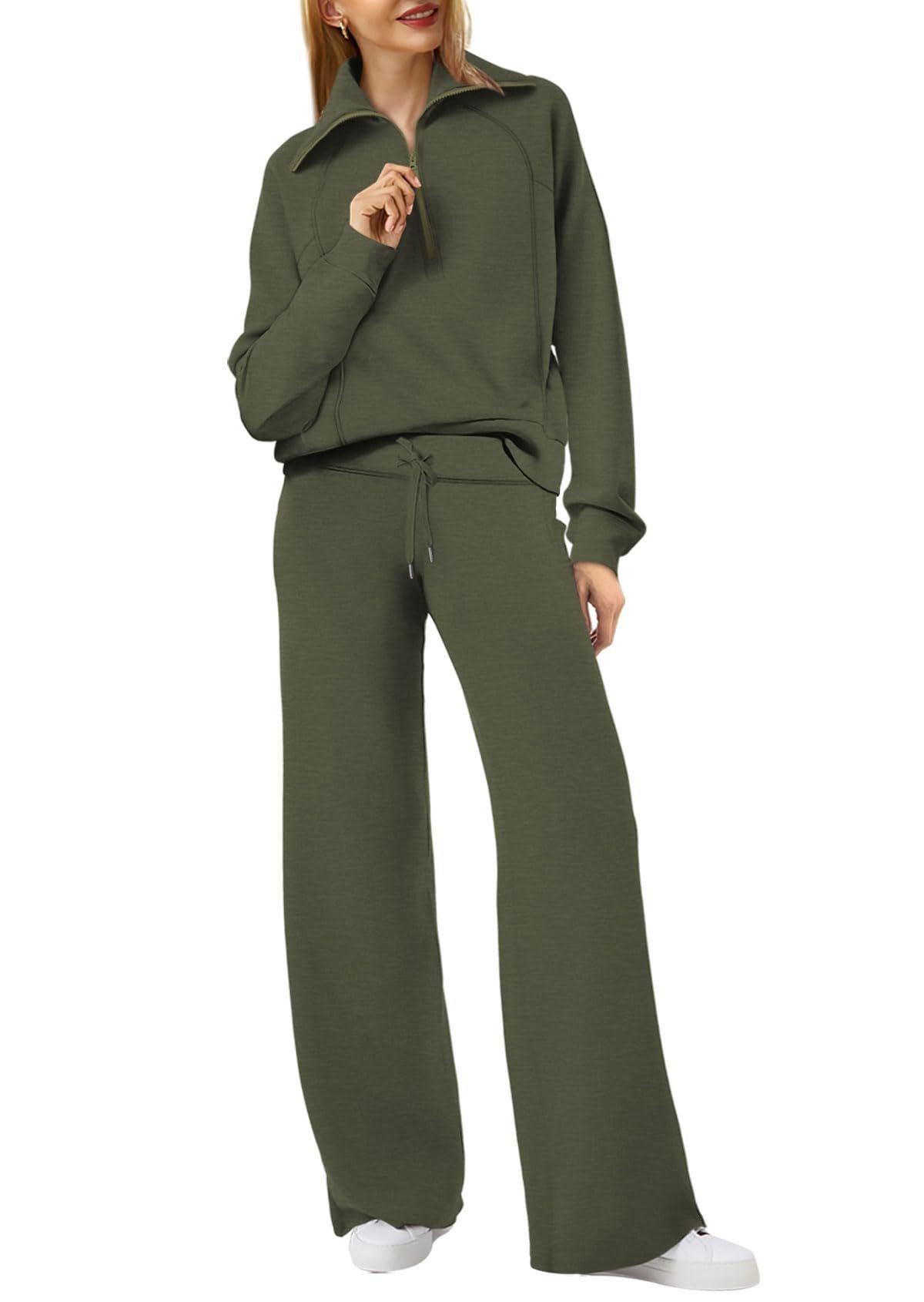 Women's Long Sleeve Zipper Sweatshirt and Wide-Leg Pants Athleisure Set