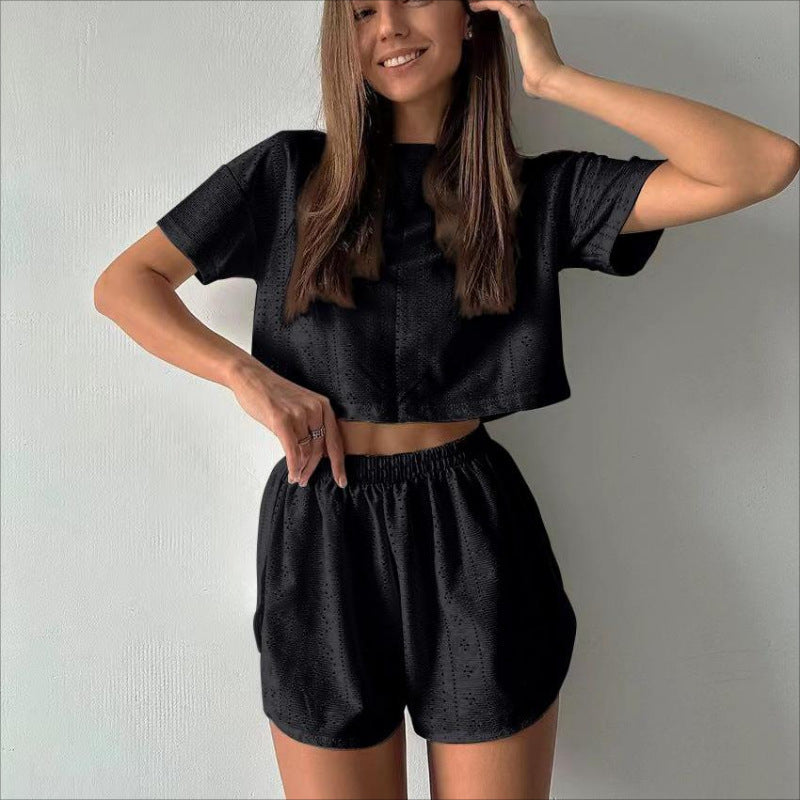 Women's Two-Piece Hollow Crop Top Shorts Set Athleisure